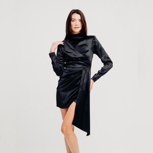 NWT Torn by Ronny Kobo Lara Satin Asymmetric Mini Dress Black M